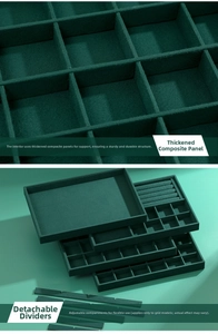 Close-up of dark green velvet jewelry tray with adjustable dividers and soft texture