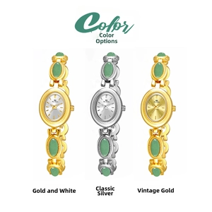 Three color variants of retro oval quartz watches with green jade-style gemstone chain