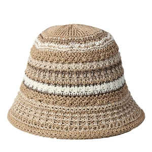 Women's summer hollow knit bucket hat with brown and beige contrast stripes