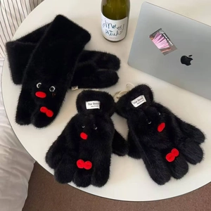 Cute black plush scarf and five-finger glove set with cartoon red beak and eyes decor