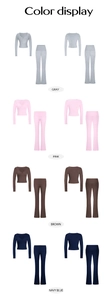Color display of women's long sleeve V-neck top and flared trousers set in four shades