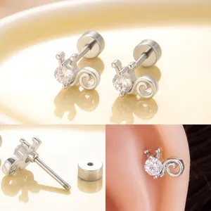 Silver Titanium Steel Kitten Spiral Stud Earring With Zircon Screw Back Helix Piercing Jewelry