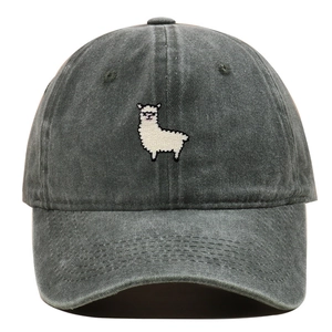 Close-up of white alpaca embroidery on dark gray washed cotton baseball cap