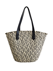 Two-tone woven paper rope tote bag with black leather straps and geometric pattern