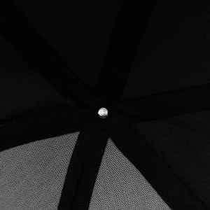 Detailed view of internal reinforced seams and silver metal rivet on a black baseball cap