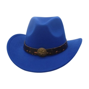 Detail of royal blue wool felt jazz hat featuring a vintage star badge on leather band