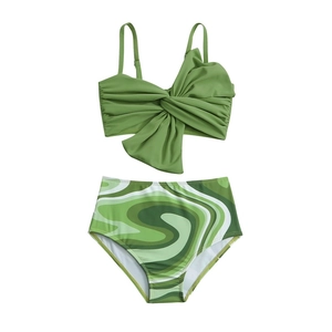 Maillot de bain deux pièces fille sirène avec haut à nœud vert et culotte imprimé marbre