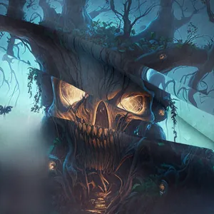 Close-up of Halloween tapestry fabric showing high-definition dark skull and forest print