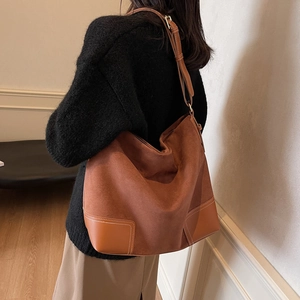 Vintage Large Shoulder Tote Bag Suede PU Leather Patchwork Minimalist Retro Commuter Handbag For Women