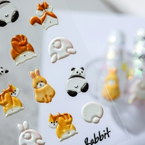 3D foam cartoon animal nail stickers with rabbit and panda embossed textures on white back
