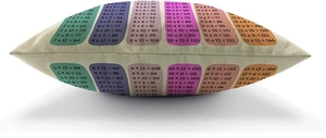 Close-up of educational multiplication table print on a beige linen rectangular pillow