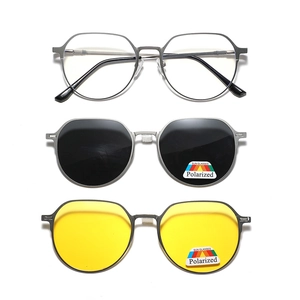 3-in-1 magnetic round metal sunglasses set with clear, polarized, and night vision lenses