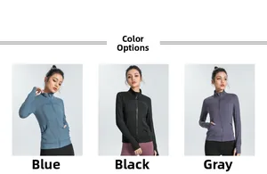 Detail of slim fit yoga jacket showing stand collar and curved stitch seams on chest