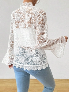 Elegant white lace long sleeve top with flared sleeves and high neck collar for women