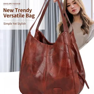 Deep brown vintage leather tote bag with large capacity and shoulder strap for women