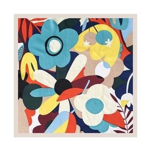 Detail of 70x70cm square scarf with abstract floral patterns in vibrant artistic colors