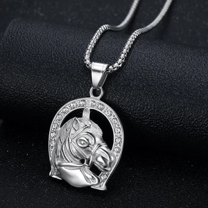 Iced out silver horse head pendant necklace with horseshoe frame and sparkling rhinestones