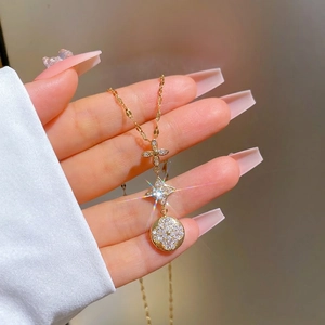 Titanium Steel Gold Plated Clavicle Chain Necklace Micro Pave Zircon Flower Star Round Disc Pendant Fashion Jewelry