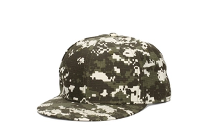 Macro detail of six-panel digital camo snapback cap with flat brim and cotton texture