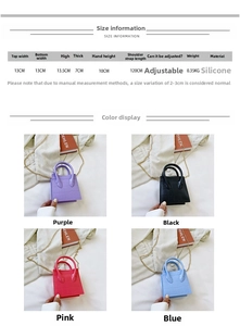 Detailed size specifications for the smiley face silicone handbag with strap length details