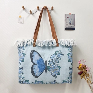 Women Canvas Tote Bag Large Capacity Bohemian Tassel Shoulder Bag Floral Animal Print Beach Travel Shopping Purse