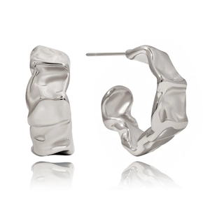 Detailed view of silver square C-shaped earrings with unique melt-textured irregular finish