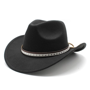 Western Cowboy Hat Woolen Felt Wide Brim Fedora With Star Rivets Belt Vintage Jazz Cap For Women Men