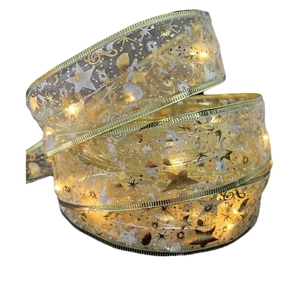 Christmas ribbon LED string light with gold mesh and star patterns for tree decor