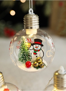 Macro shot of LED Christmas bulb ornament with snowman and miniature tree interior