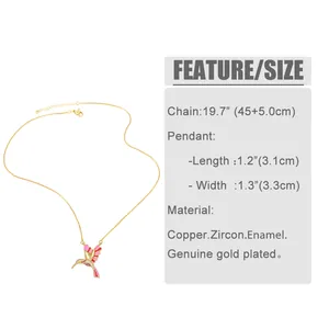 Guide des tailles pour collier oiseau avec mesures et détails du matériau en cuivre doré
