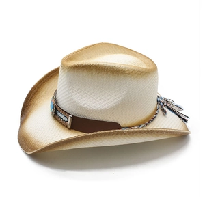 Detail of western straw cowboy hat with turquoise beads and colorful fringe tassel