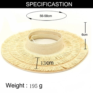 Detail of straw sun hat showing 13cm wide brim and 56-58cm head circumference specs