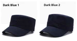 Close-up of navy blue flat top caps with SPORT and ITEMIES embroidery details