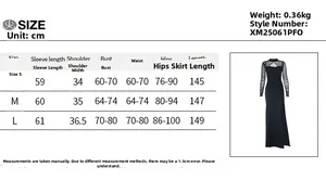 Size chart showing S to L measurements for the mesh high slit backless bodycon dress