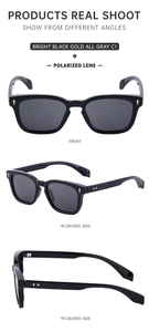 Three views of black polarized sunglasses with gold rivets showing front and side angles