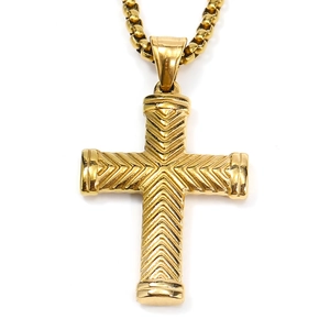 Minimalist golden stainless steel cross pendant with V-shaped texture on a white background