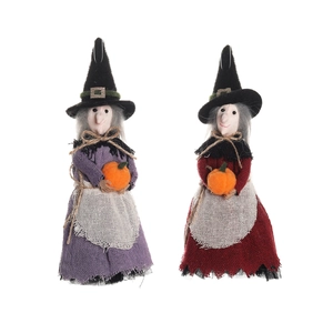 Hanging Halloween witch dolls set with purple and red dresses holding orange pumpkins