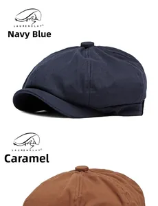 Classic newsboy caps in navy blue and caramel colors with premium cotton twill texture