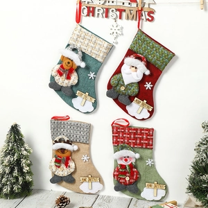 Christmas Stockings Burlap 3D Cartoon Santa Snowman Reindeer Bear Hanging Ornament Gift Bag Candy Pouch With Wood Sign