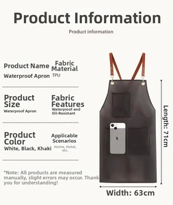 Detailed size chart for waterproof and oil-proof TPU apron measuring 71x63 cm in dark coffee