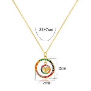 Gold 18K plated necklace with double circle hollow heart pendant and colored zircon stones