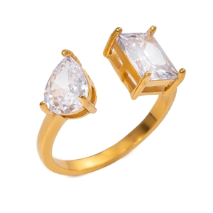 18K gold-plated stainless steel open ring featuring pear and rectangular zircon stones