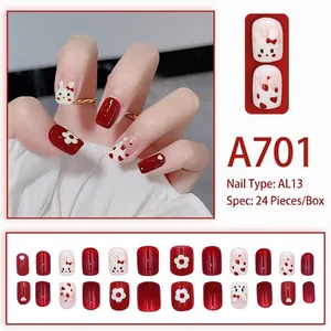 Red heart and rabbit press-on nails set with 24 pieces in festive cherry design