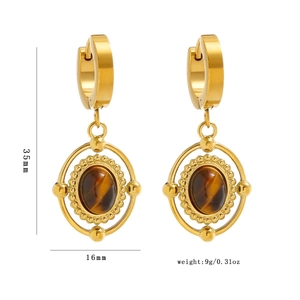 Vintage gold stainless steel earrings with tiger eye stone in a minimalist symmetric view