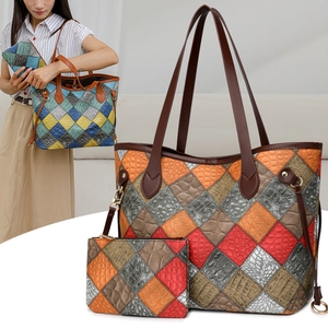 Fashion patchwork tote bag set with crocodile pattern and matching small pouch