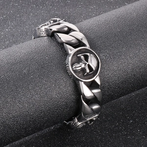 Men's silver stainless steel Cuban chain bracelet with pharaoh skull carving
