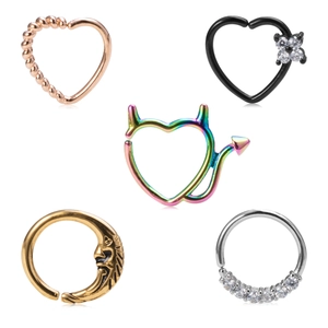 Collection of crescent moon and heart piercing rings with zircon in varied finishes
