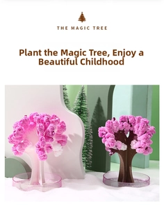 Detail showing blooming colorful crystal magic paper tree with pink crown in tray