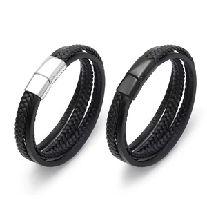 Men's multilayer braided black leather bracelet with vintage magnetic clasp accents