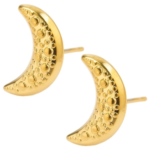Detailed close-up of golden crescent moon earrings with unique cratered surface texture